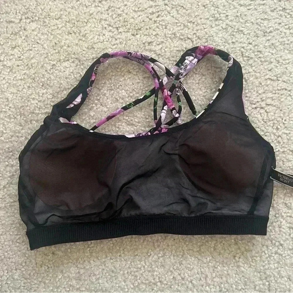 Victoria Secret PINK Sports Bralette Bra Black Purple Racerback Strappy Size Med - Picture 3 of 13